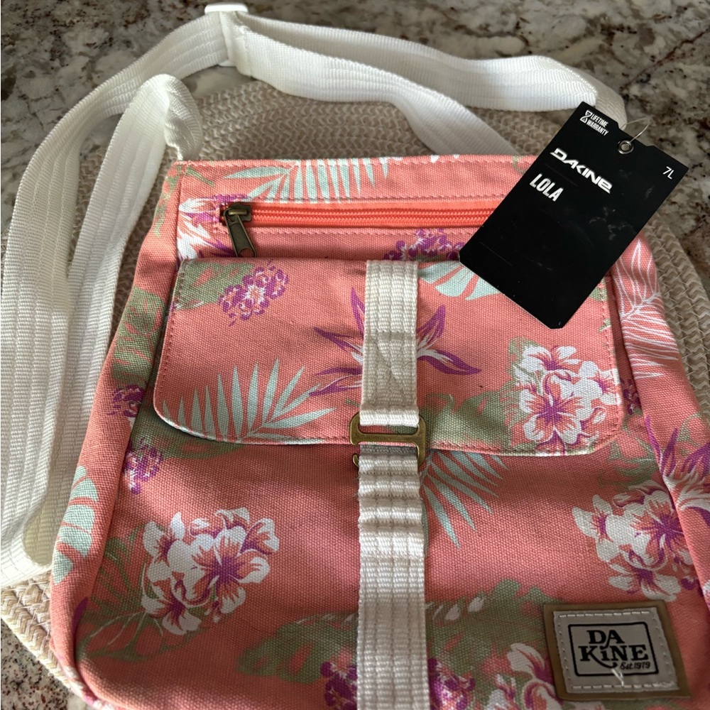 Vintage Crossbody Bag DaKine. 90s Coral Pink Hawaiian Floral Cotton 10” x 10”